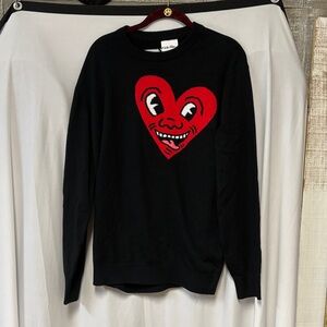 Keith Haring Black Sweater with Red Heart Face Design